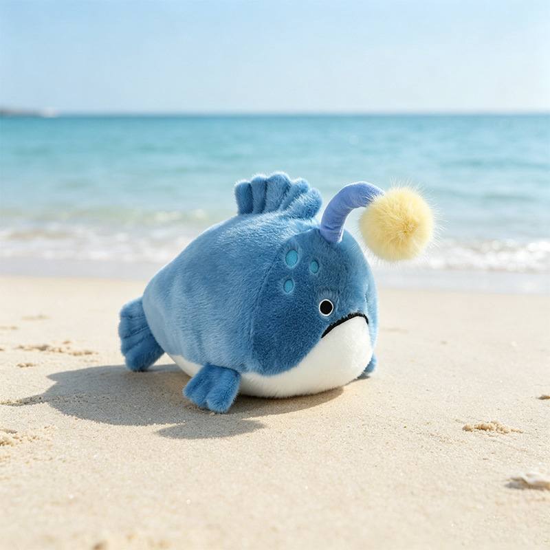 Factory direct blue anglerfish plush toy with yellow lure sitting on a sandy beach.