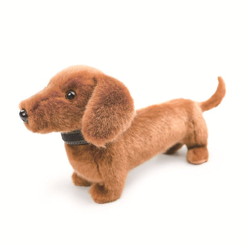 Realistic solid brown short-haired dachshund plushie for factory-direct B2B export.