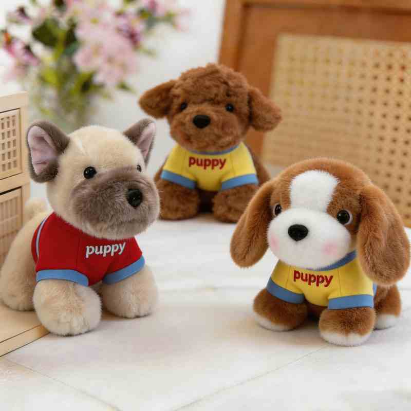 Factory-direct claw machine puppy prize sourcing display showing French Bulldog, Poodle, and Beagle plush toys for private label vendors.