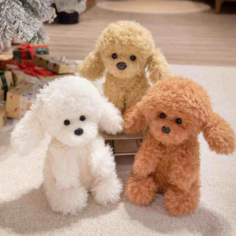Factory-direct curly puppy plush toy assortment arranged neatly for visual merchandising, excellent for B2B retail vendors.