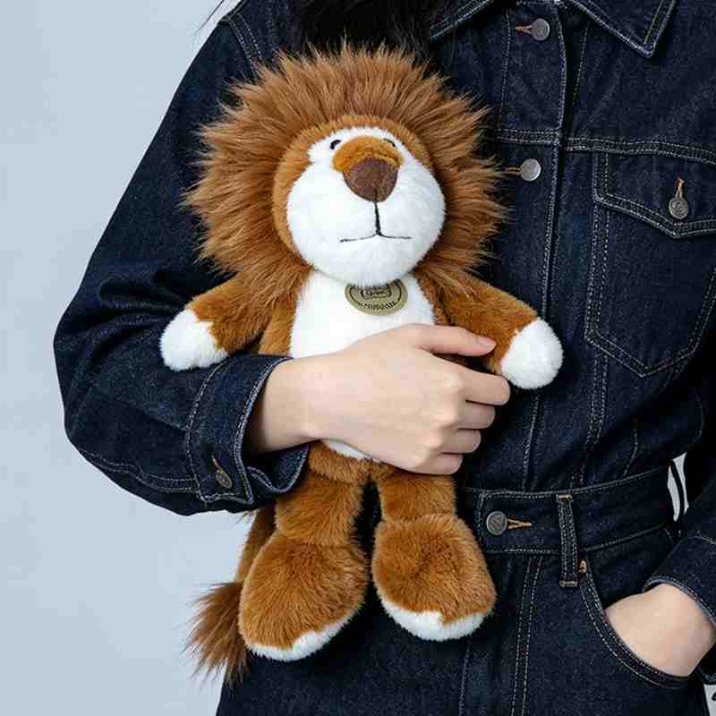 Factory-directed custom lion plushie held by a model, showcasing size scales and premium fluffy mane quality for OEM toy vendors.