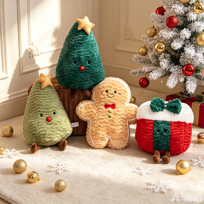 Factory-direct cute xmas tree, gingerbread man, and gift box stuffed cushions on a rug, optimized for B2B retail vendors.