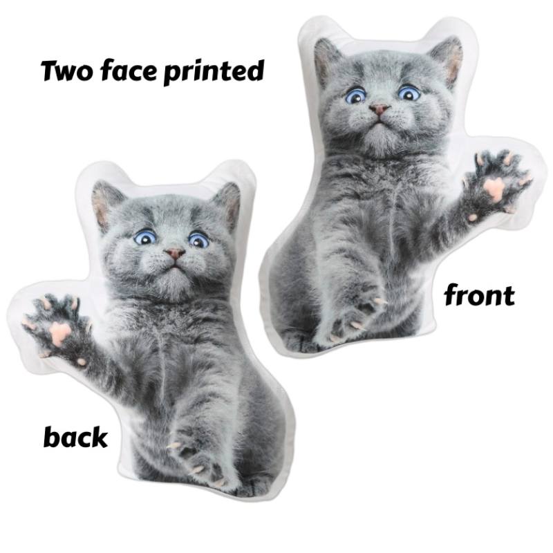 Factory direct double sided custom pet pillow printing showing front and back of a grey kitten cushion.