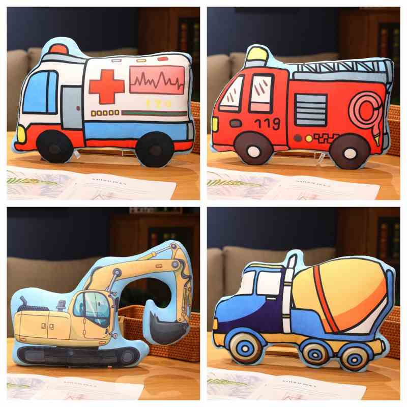 Factory-direct emergency vehicle plush pillows including fire trucks and ambulances, perfect for nursery decor wholesale.