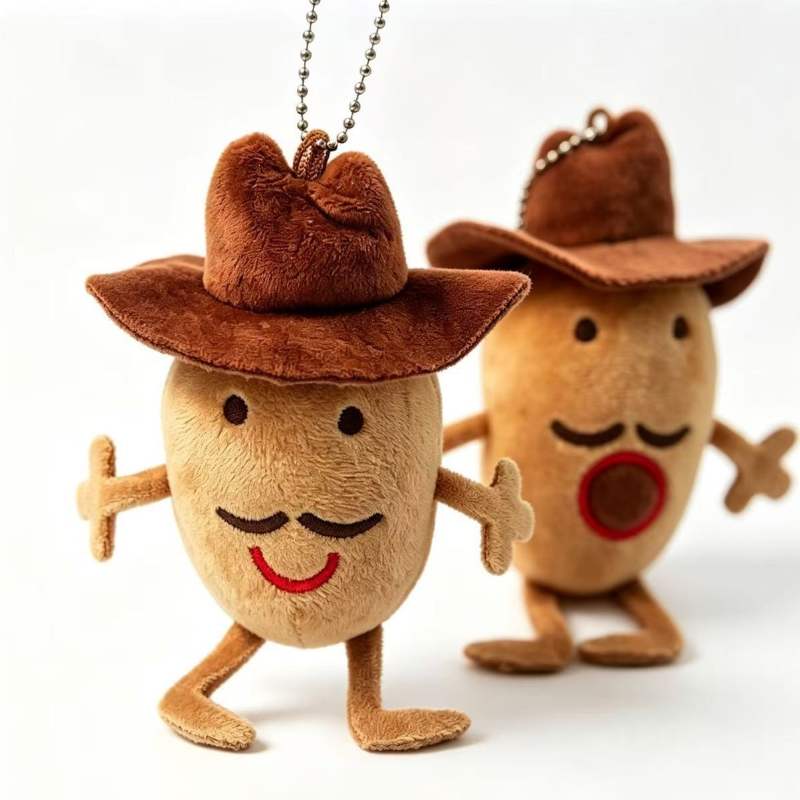 Detailed front view of a funny potato plush pendant with dangling legs and a cowboy hat
