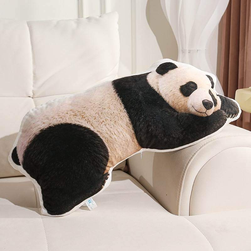 Girl holding a large sleeping panda soft plush pillow from a side angle for factory-direct sourcing.