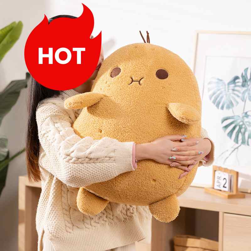 Factory-direct giant potato cushion hugged tightly by a model, demonstrating ultra-soft texture for retail wholesale.