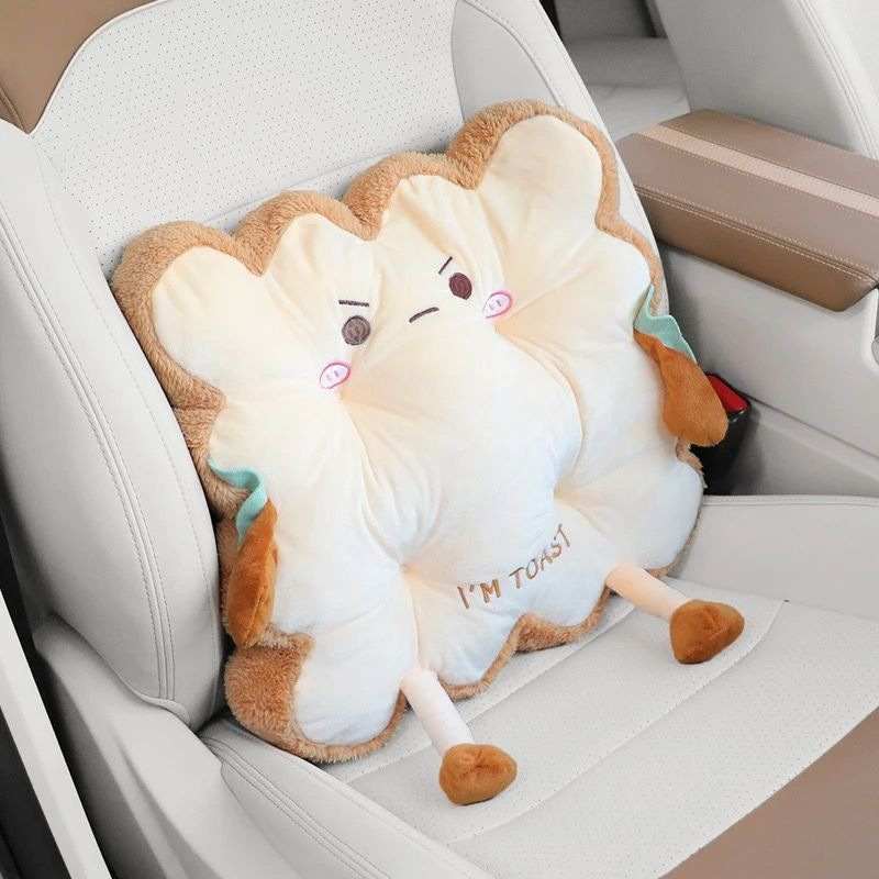 Factory-direct grumpy bread plush car seat pillow for global B2B toy sourcing.