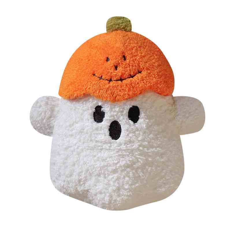 Factory-sourced white Halloween ghost plush toy with an orange pumpkin cap, perfect for custom-branded holiday distribution.