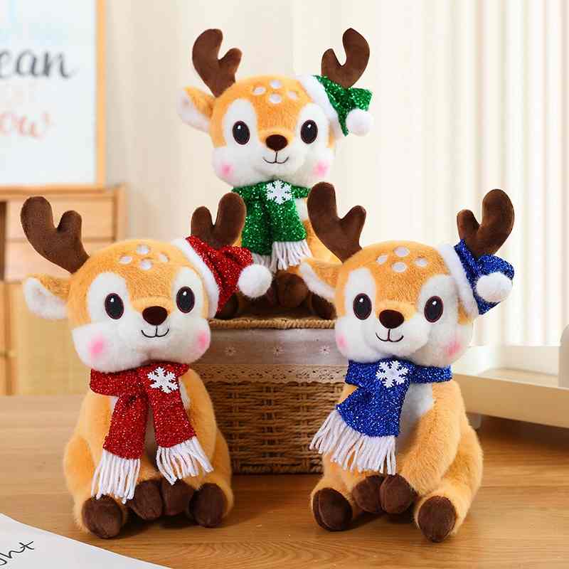 Factory-direct holiday reindeer plush toys sitting together, perfect for gift shop wholesale and winter promotions.