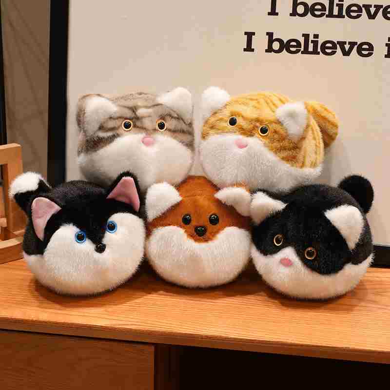 Factory-direct kawaii chubby pet stuffed toy variants stacked together in a group display, excellent for high-visibility retail vendors.