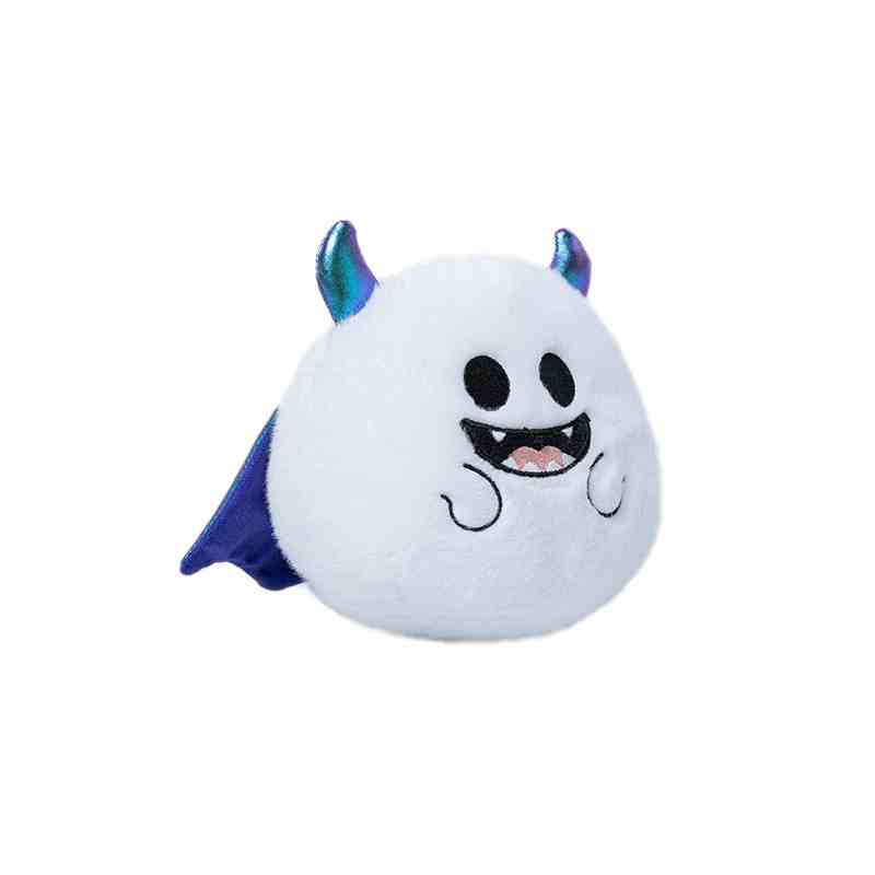 Factory-sourced kawaii Halloween ghost plush toy with metallic horns and cape, ideal for custom brand manufacturing and private labeling.