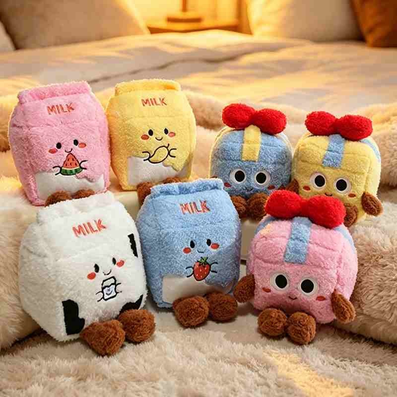 Factory-direct kawaii milk carton and gift box plush toys grouped together, demonstrating strong visual merchandising for retail vendors.
