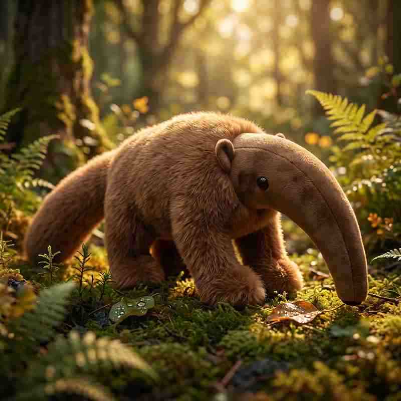 Factory-direct lifelike anteater plush in a natural forest setting, perfect for wildlife park and zoo gift shop supply.