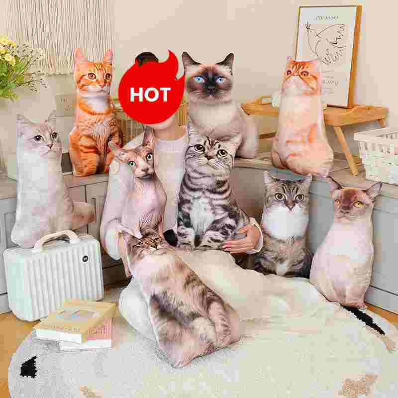 Factory-direct novelty cat cushion assortment held by model, showing scale for gift shop buyers.