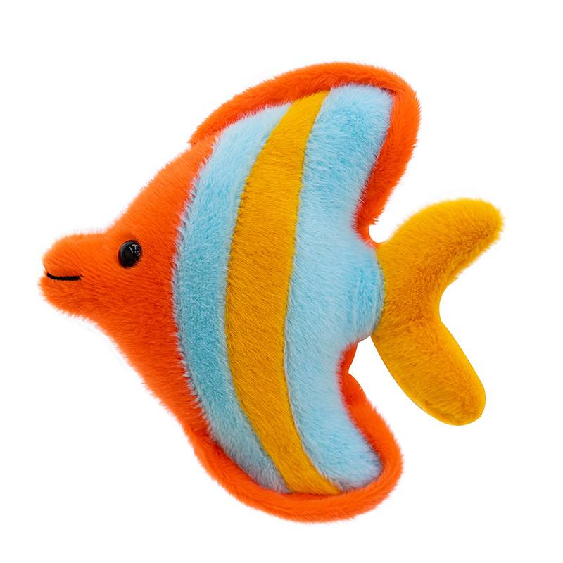 Factory direct orange and blue tropical fish plush toy on a white background for wholesale.