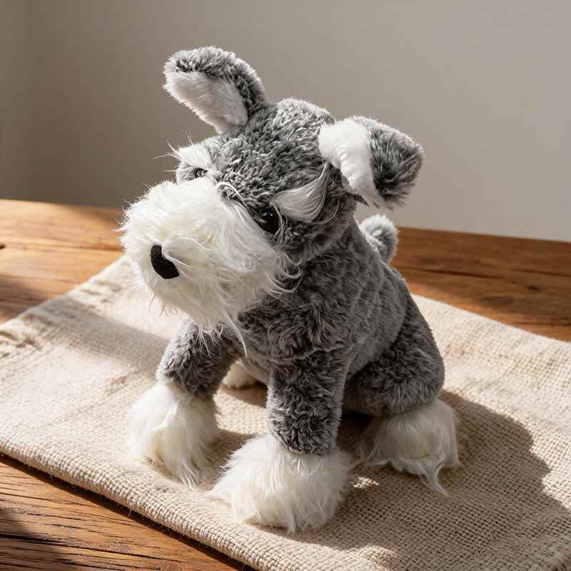Cute puppy plush dog sitting on a woven mat in warm sunlight for nursery decor sourcing.