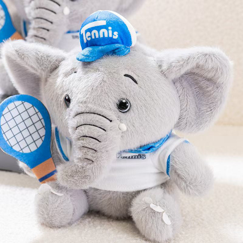 Factory-direct premium tennis elephant plush showing high quality embroidery and clothing for gift shop wholesale.