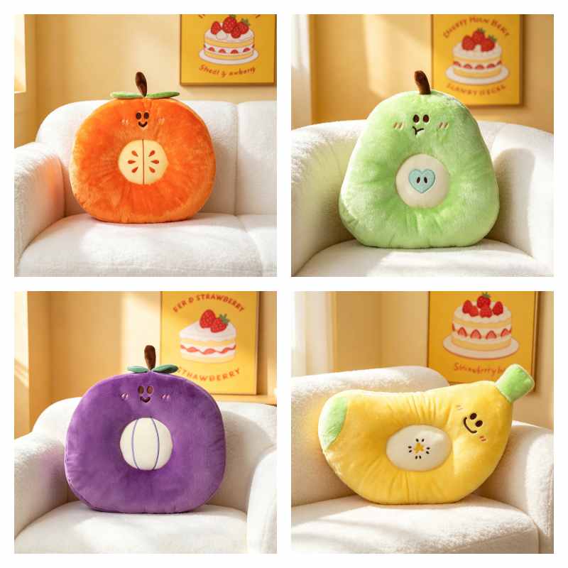 Factory-direct smiley fruit cushion collection 4-grid overview, optimized for B2B e-commerce toy catalog integration.