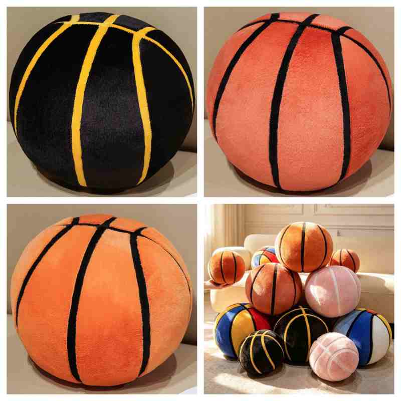 Factory-direct stuffed basketball pillows in orange, black, and custom pink colors, demonstrating versatile OEM manufacturing capabilities.