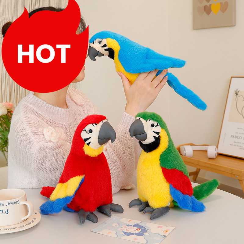 Factory-direct trending Macaw parrot stuffed animal display held by model, ideal for private label OEM partners.