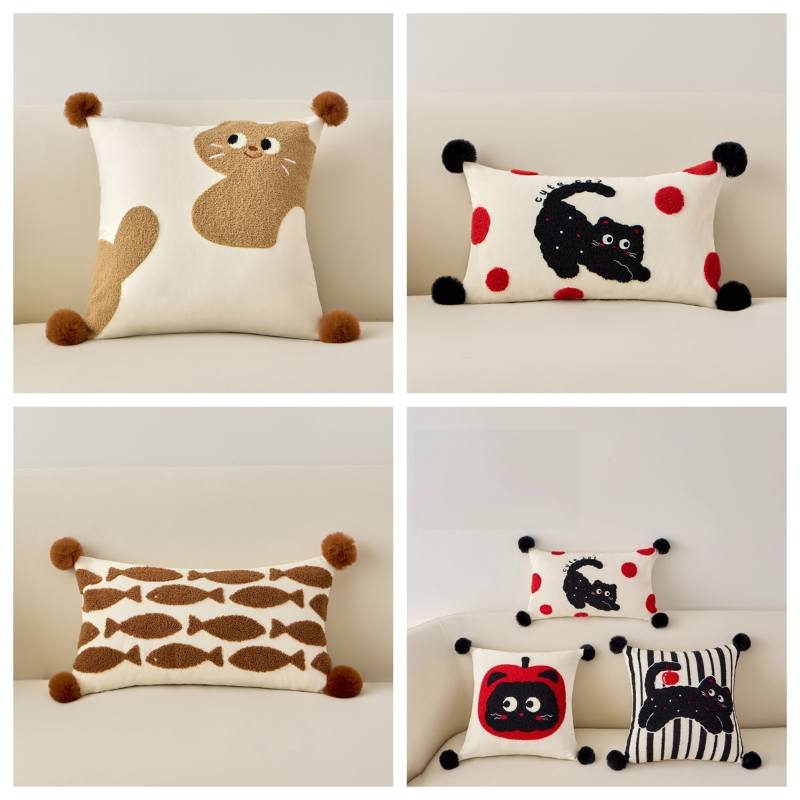 Factory-direct tufted animal throw pillows and fish pattern lumbar cushions collage for B2B trade.