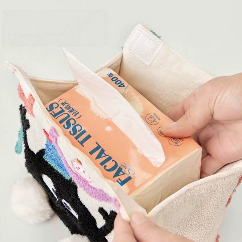 Factory-direct tufted monster tissue holder showing velcro bottom details for global B2B buyers.