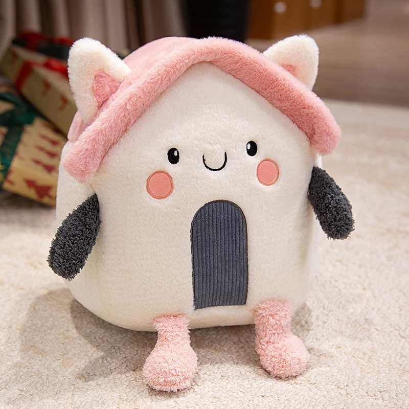 Custom white and pink house plush cushion with dark grey arms for global factory sourcing.