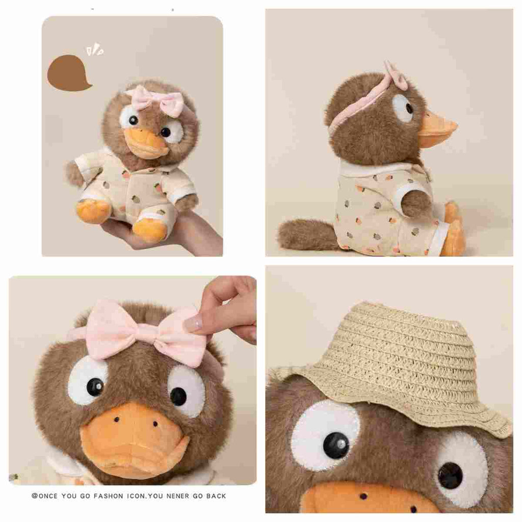 Fluffy duck plush outfit details and quality stitching for collectible B2B toys.