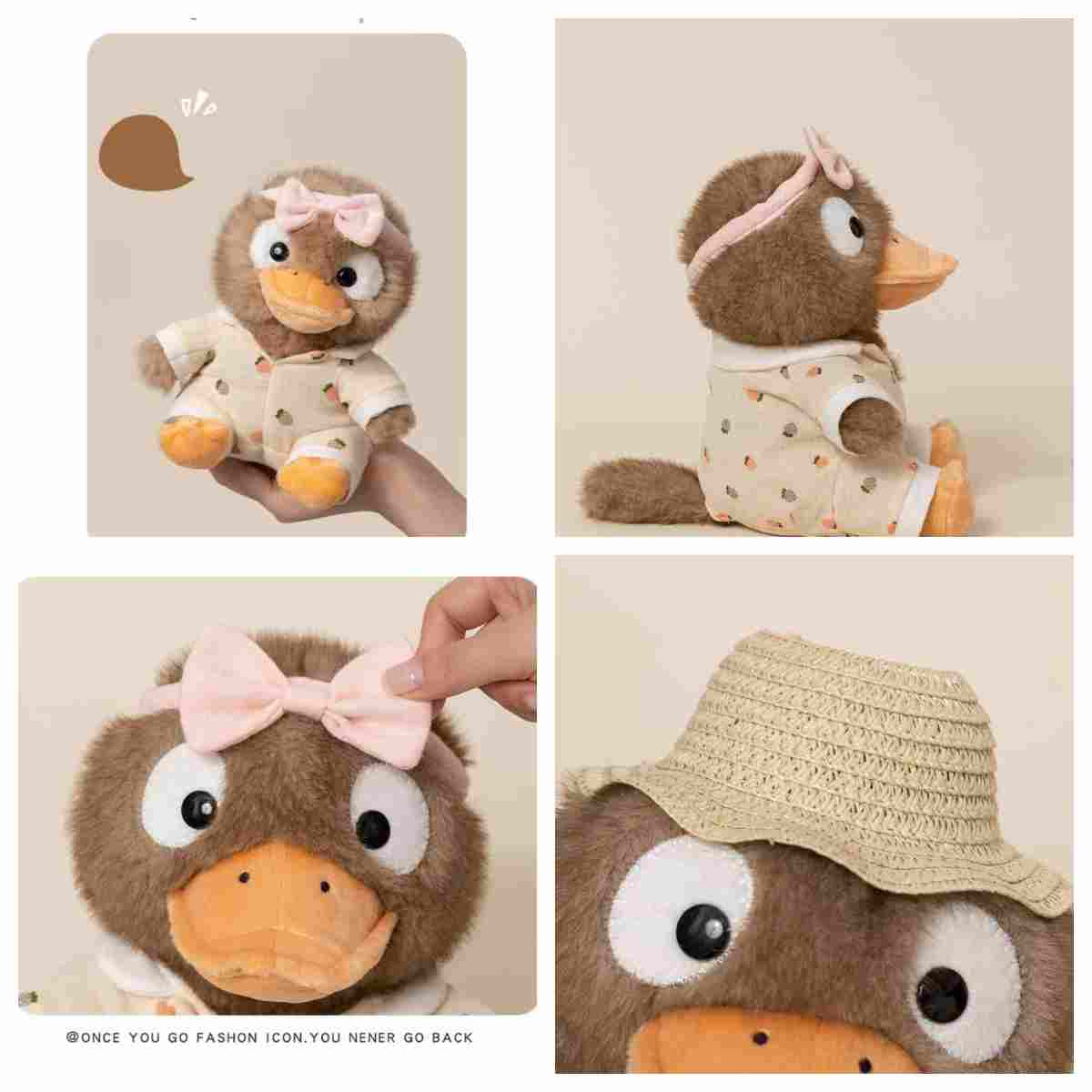 Fluffy duck plush outfit details and quality stitching for collectible B2B toys.