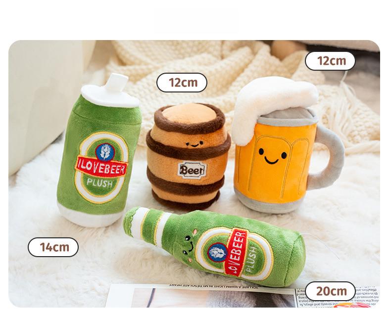 Size chart and dimensions for funny beer series plush toys, showing measurements for the beer can, barrel, mug, and bottle stuffed animals.