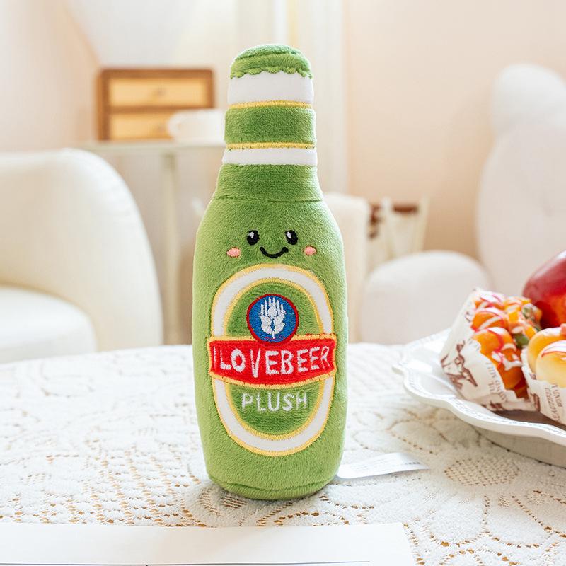 Green smiling beer bottle plush toy, wholesale stuffed animal for claw machines and novelty gifts.