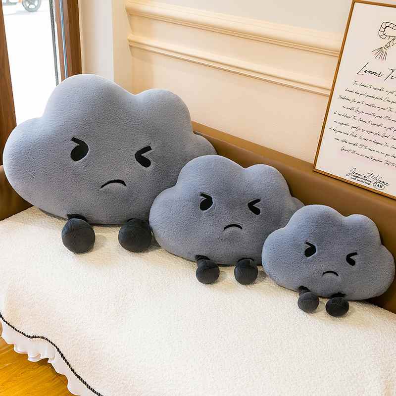 High-ROI angry grey cloud plush pillows in three sizes, optimized for retail distributors.