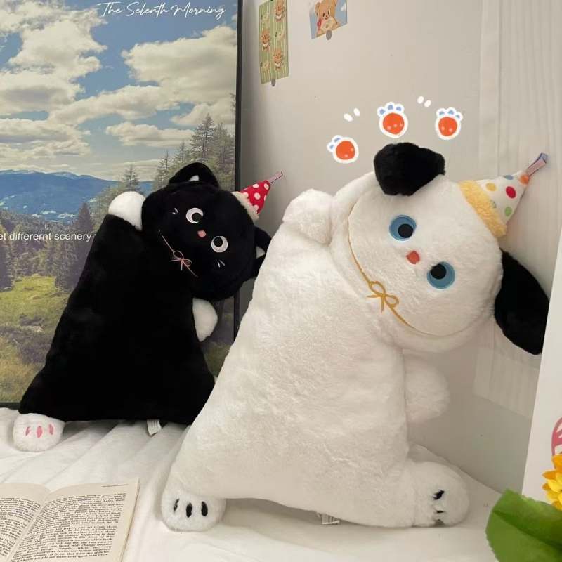 High-ROI black cat and white puppy plush throw pillows with party hats for retail distributors.