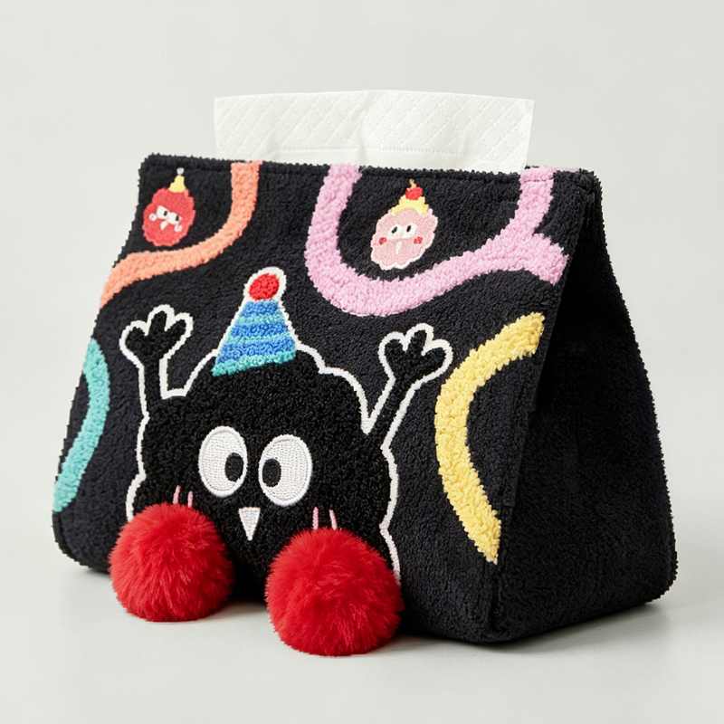 High-ROI black plush tissue box cover with red pom-poms optimized for global retail distributors.