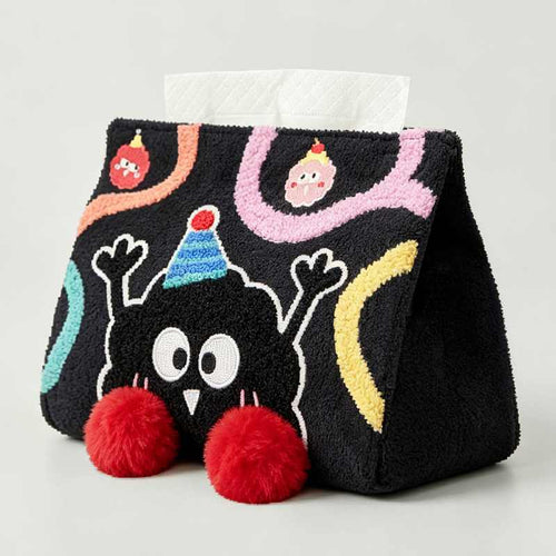 High-ROI black plush tissue box cover with red pom-poms optimized for global retail distributors.