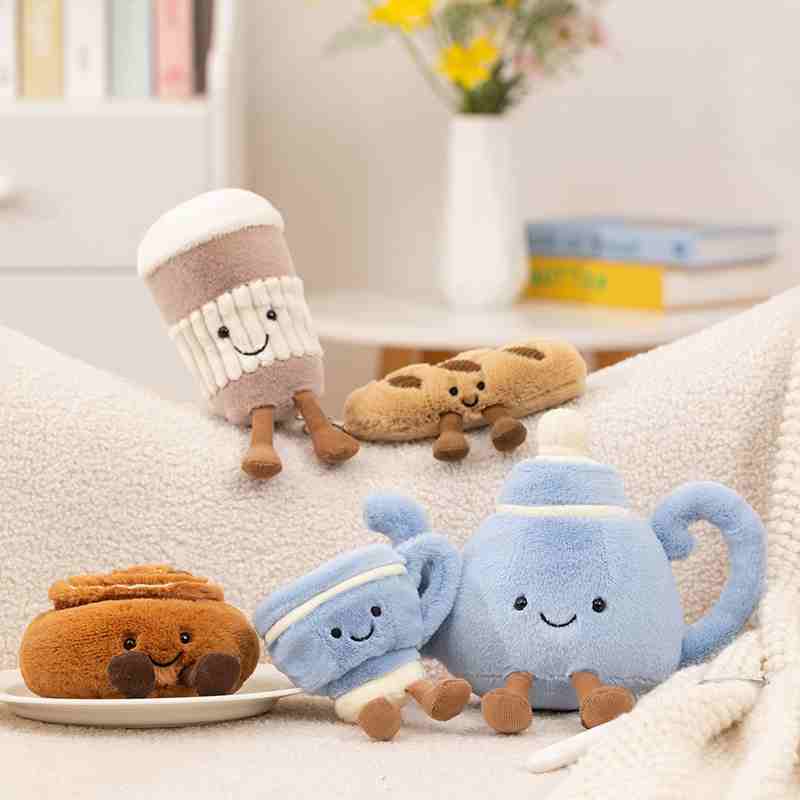 Bulk collection of kawaii breakfast food plushies including teapot, teacup, and pastry designs for global B2B trade.