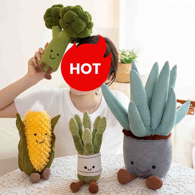 High-ROI stuffed broccoli plush toy held by a model, ideal for crane game prize tiers.