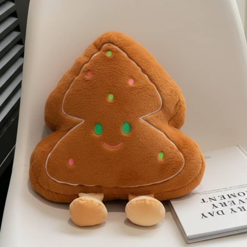 High-ROI Christmas tree biscuit plush pillow on white chair, optimized for retail sourcing.
