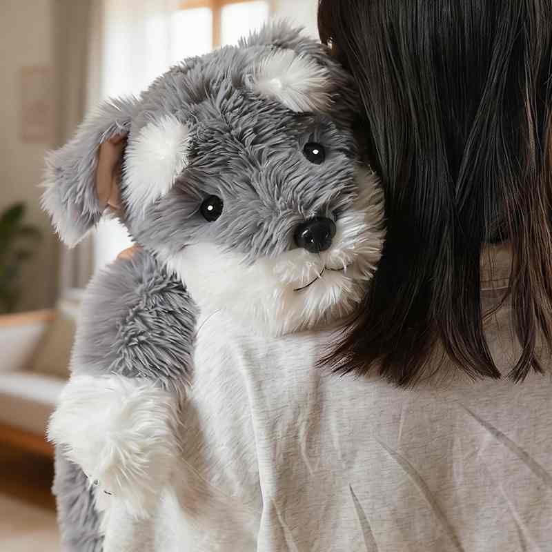 High-ROI custom realistic dog plushie resting on shoulder, ideal for retail distributors.