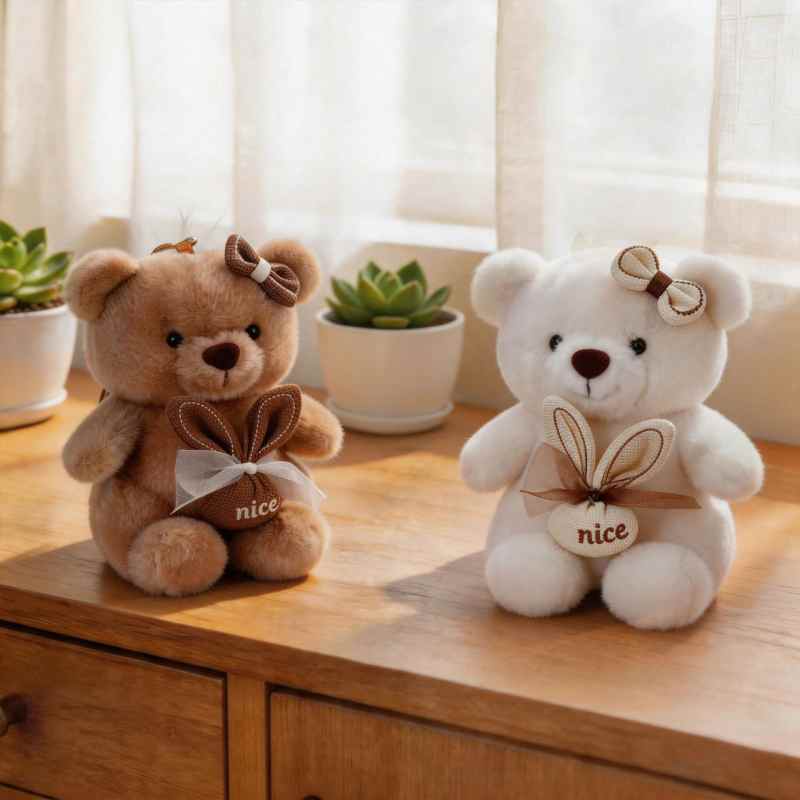 High-ROI cute teddy bear plushies with embroidered pouches sitting on a wooden desk by a window, maximizing retail gift shop appeal.