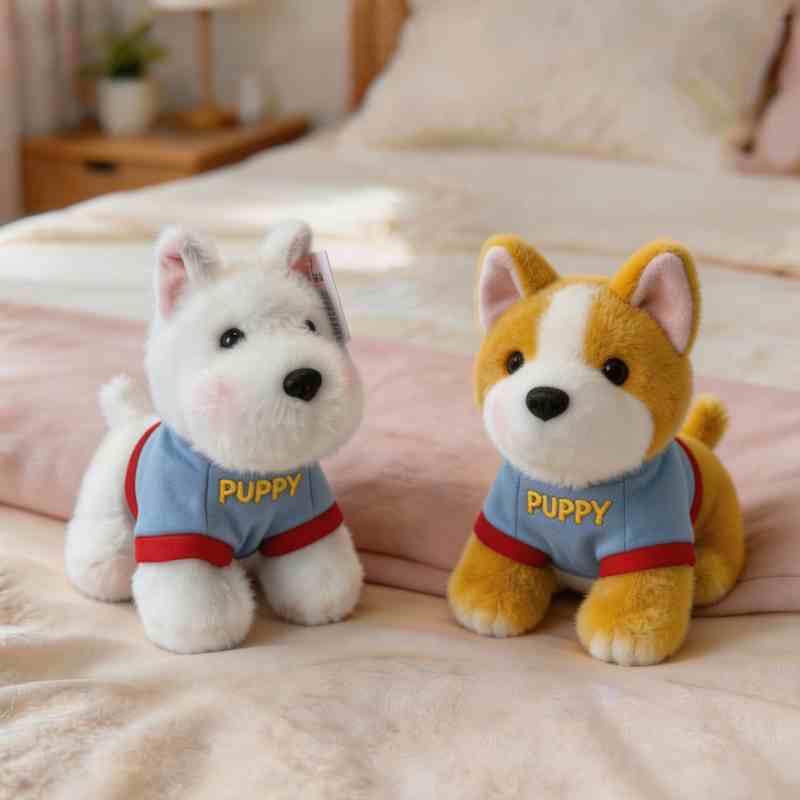 High-ROI cute dog plushies featuring white puppy and Corgi wearing PUPPY t-shirts sitting on a cozy bed for retail distributors.
