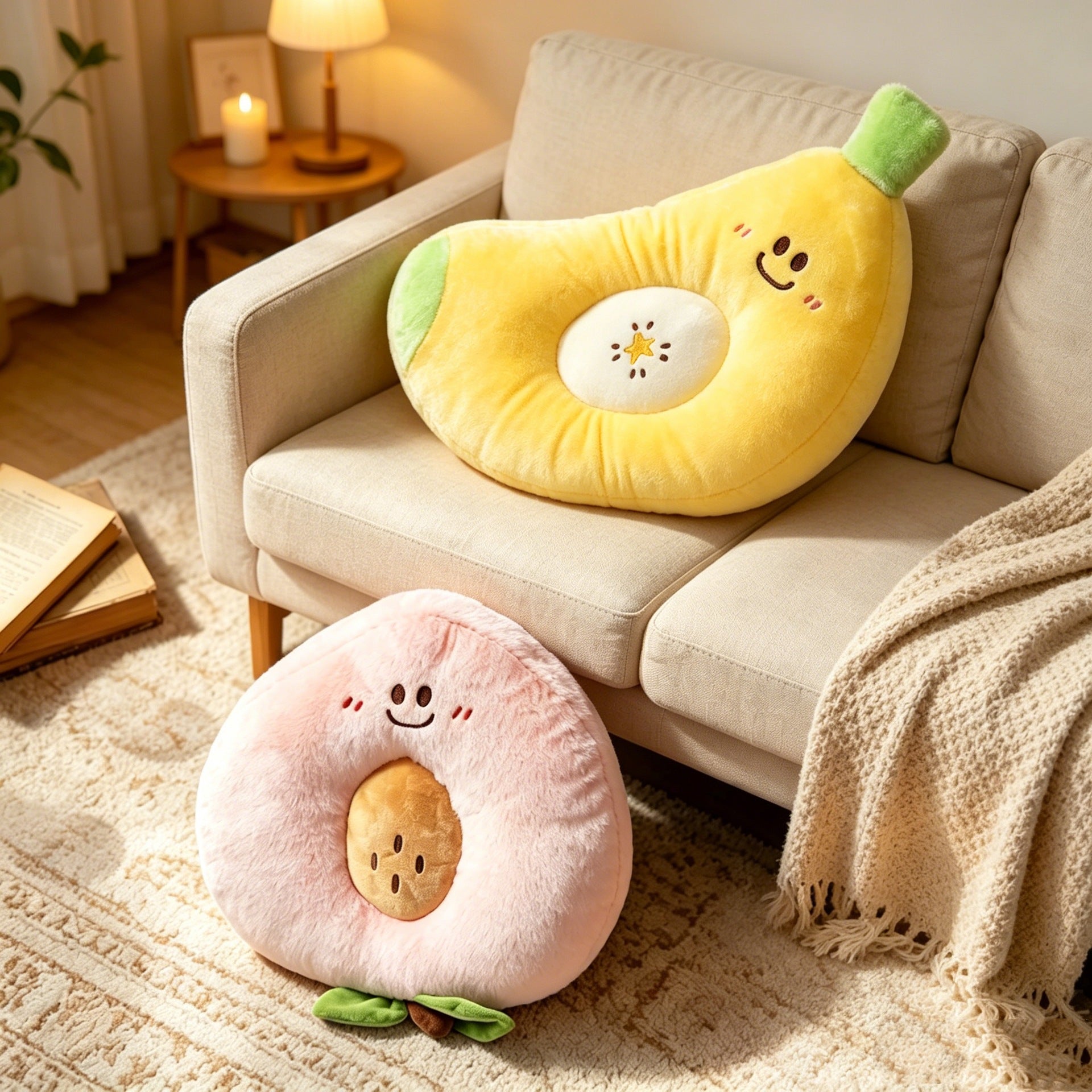 High-ROI cute fruit throw pillows featuring smiley banana and pink avocado on a couch for dorm decor wholesale.