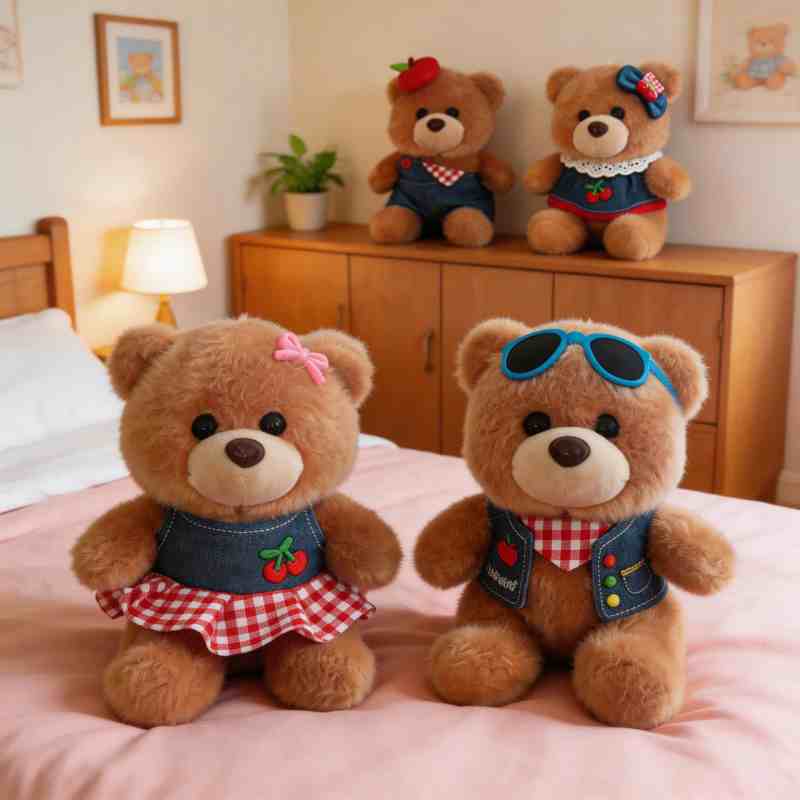 High-ROI denim outfit teddy bear plushies sitting on a cozy bed, highlighting trendy apparel styling for global retail gift shop distributors.
