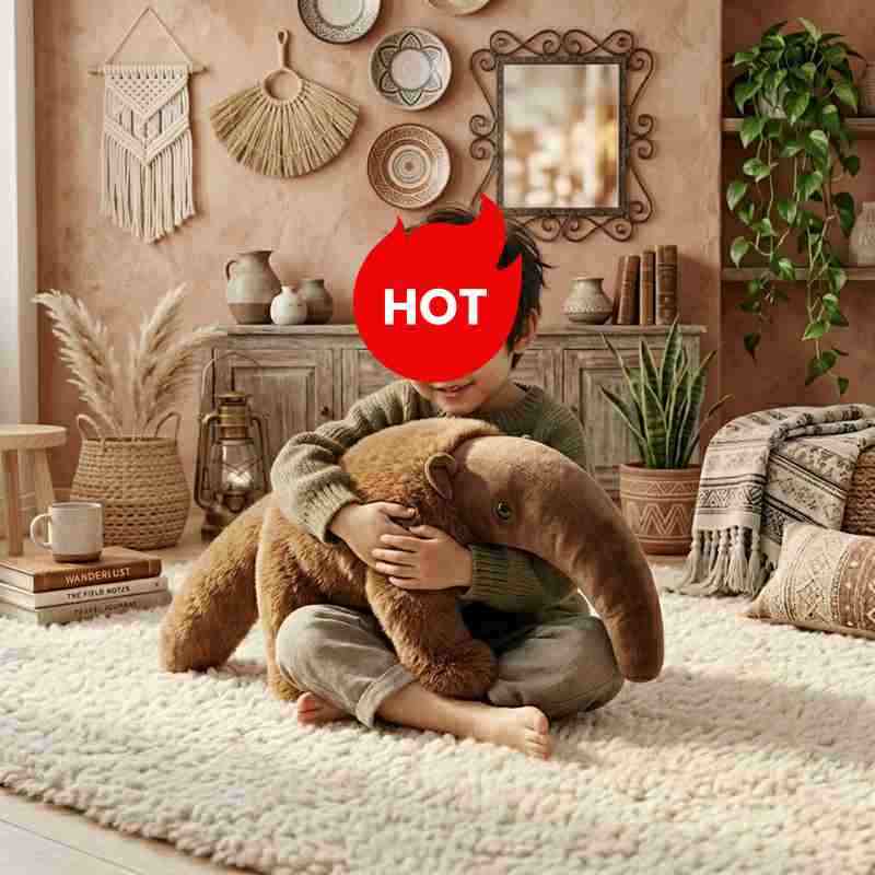 High-ROI giant anteater stuffed animal hugged by a child, a premium aesthetic choice for boutique nursery decor.