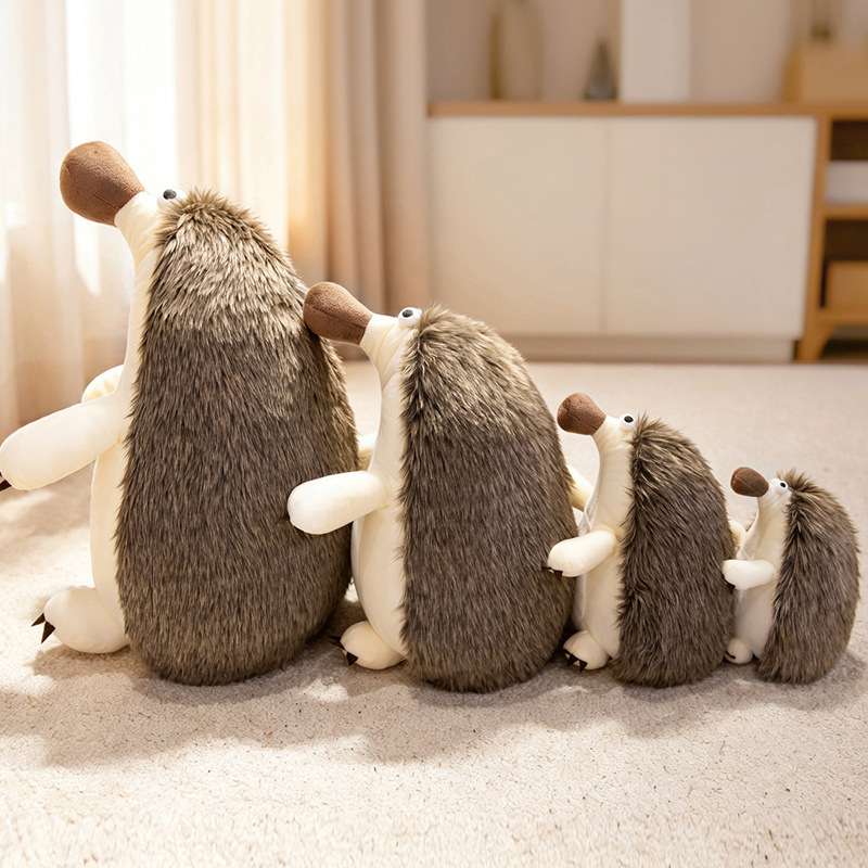 Bulk kawaii hedgehog stuffed animal family assortment displaying four different sizes, ideal for high-visibility store displays.
