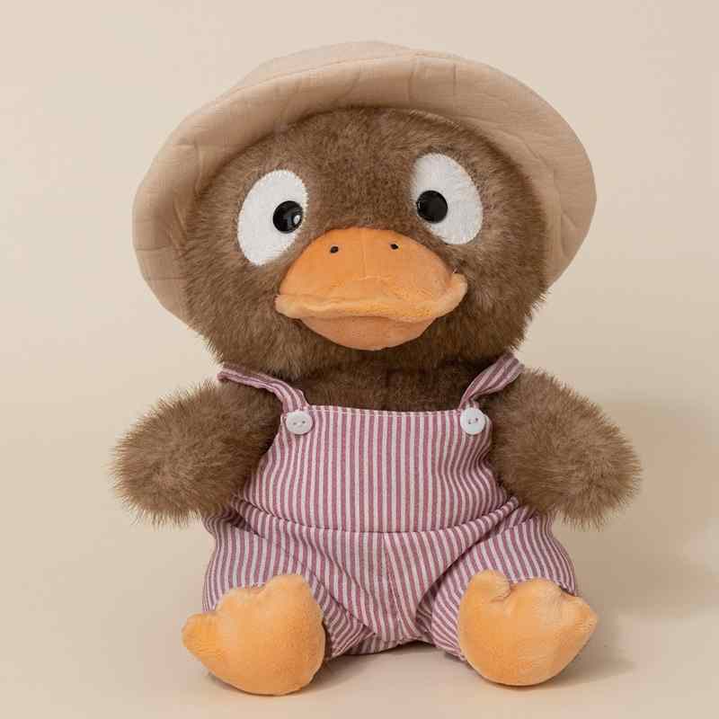 High-ROI Kawaii duck plush in striped overalls for global amusement operators.