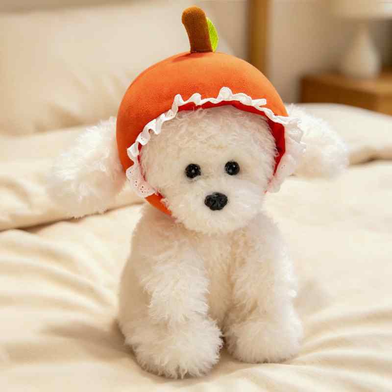 High-ROI kawaii fluffy dog plushie featuring a white poodle wearing a lace orange hat, perfect for gift shop distributors.