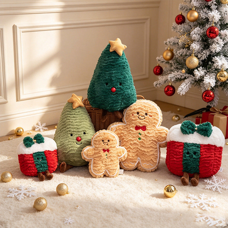 High-ROI kawaii holiday plushie family including teddy fleece gingerbread men and gift boxes, maximizing retail distributor appeal.