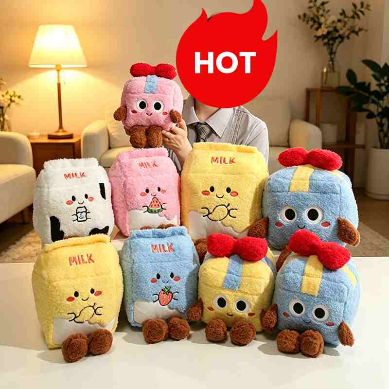 High-ROI novelty plush toys featuring milk cartons and gift boxes, maximizing impulse-buy appeal for gift shop distributors globally.